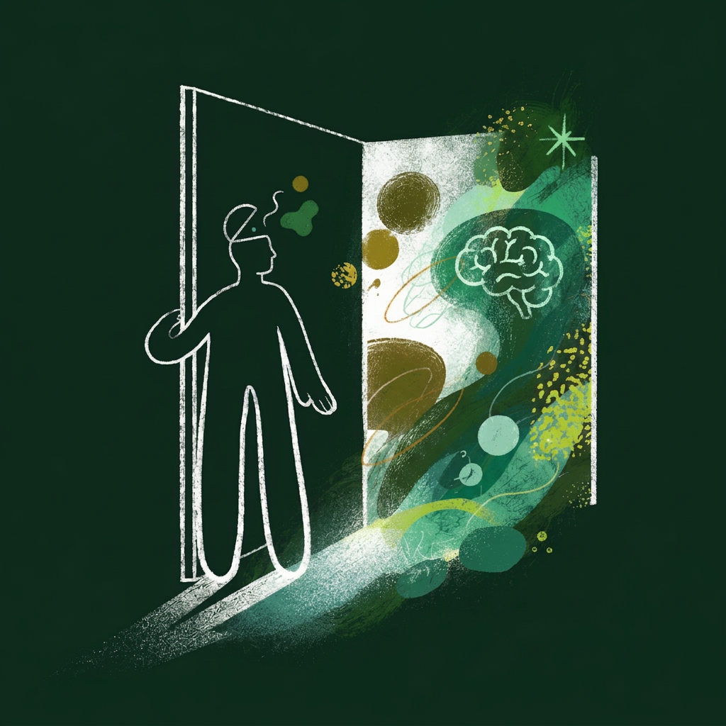 Illustrazione: una figura apre una porta su una stanza piena di forme e colori verdi, con un cervello stilizzato